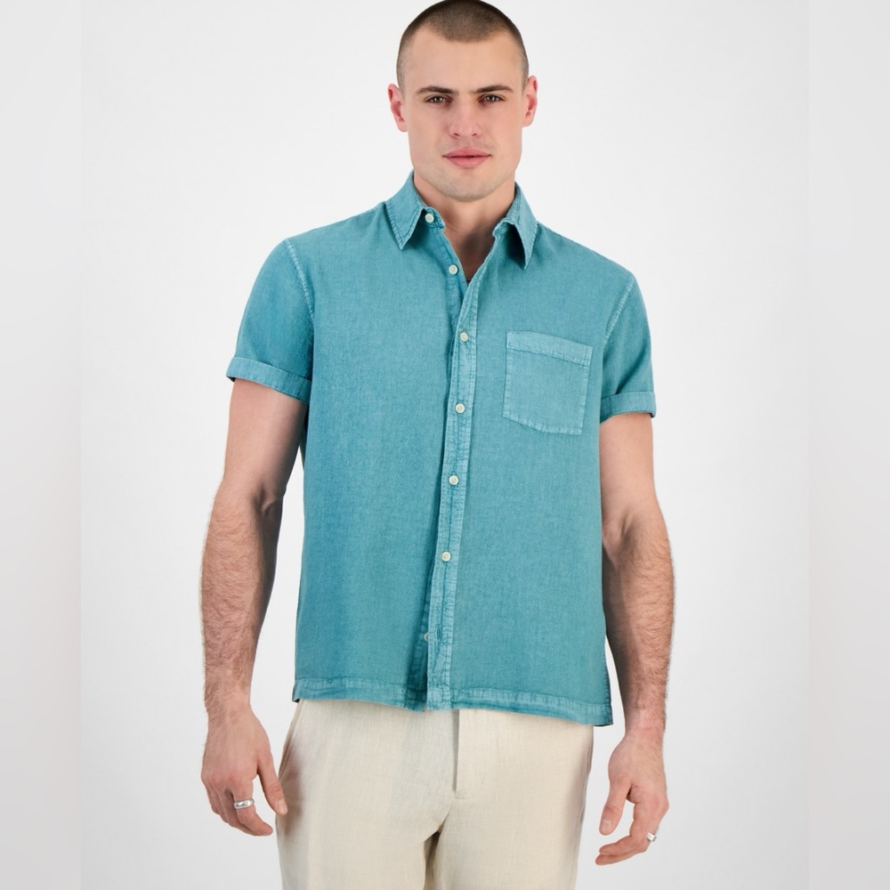 Sun + Stone Blake Linen Chambray Button Up Men’s L Bristol Blue Short Sleeve